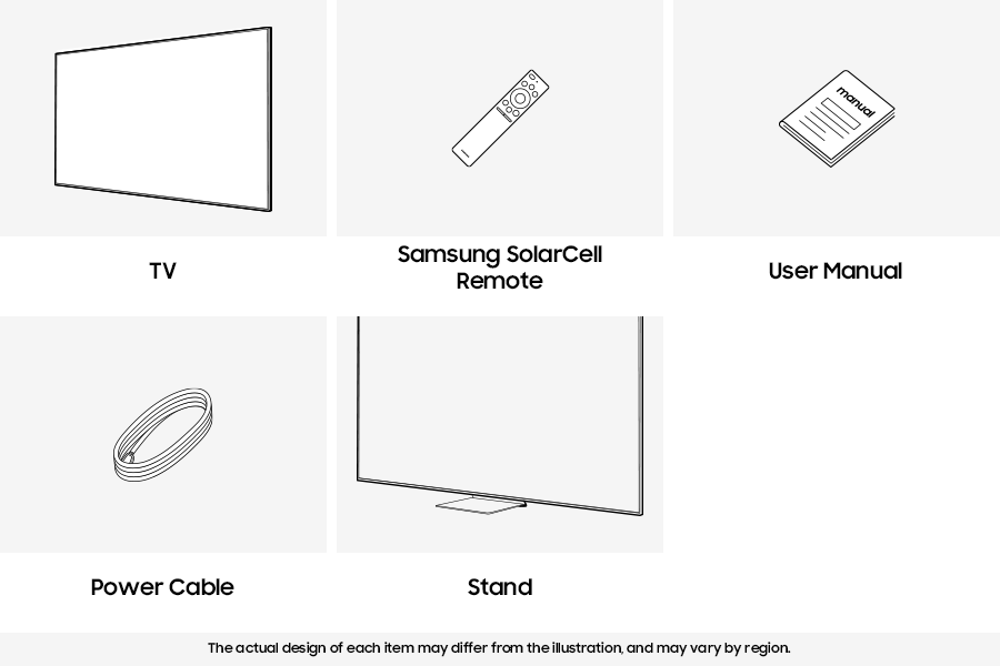 Samsung 2026 Micro RGB R85H box contains TV, Remote Control, Power Cable, User manual, and Stand.