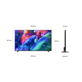Dimension of Samsung Micro RGB R85H screen only (1442.9 x 831.2 x 52 mm). Height with Black Round Feet Stand (867.1 mm). Dimension of Black Round Feet Stand (1209.5 x 256.8 mm).
