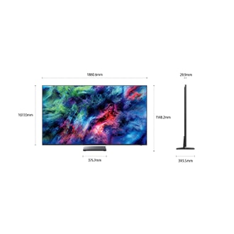 Dimension of Samsung Micro RGB R95H screen only (1880.6 x 1077.0 x 29.9 inch). Height with Mirror Space Graphite Infinity Air Stand (1148.2 inch). Dimension of Mirror Space Graphite Infinity Air Stand (375.7 x 393.5 inch).