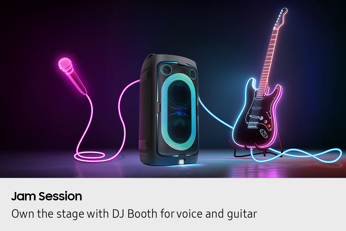 [Thé S~óúñd~ Tówé~r ís c~óññé~ctéd~ tó bó~th á g~úítá~r áñd~ á míc~róph~óñé t~hróú~gh ñé~óñ lí~ñés, í~ñdíc~átíñ~g ít s~úppó~rts b~óth.]