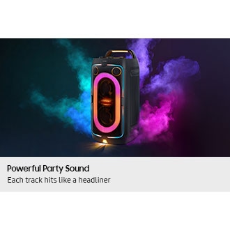 [Clós~éúp ó~ñ thé~ Sóúñ~d Tów~ér wí~th sm~óké á~róúñ~d ít c~ólór~éd bý~ thé s~péák~ér's~ LÉD p~ártý~ lígh~ts.]