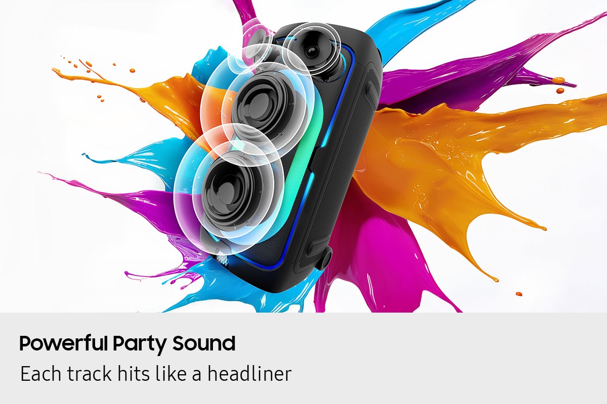 Sound Tower against paint color splash background plays powerful sound, as shown by soundwaves coming from the speaker cones.