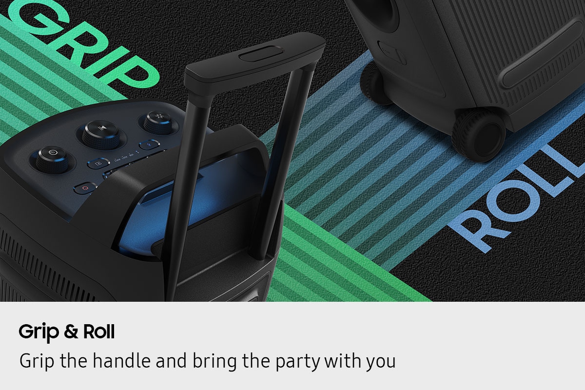 Close-up of the Sound Tower ST50F's handle with the word GRIP, and built-in wheels with the word ROLL.