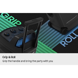 Close-up of the Sound Tower ST50F's handle with the word GRIP, and built-in wheels with the word ROLL.