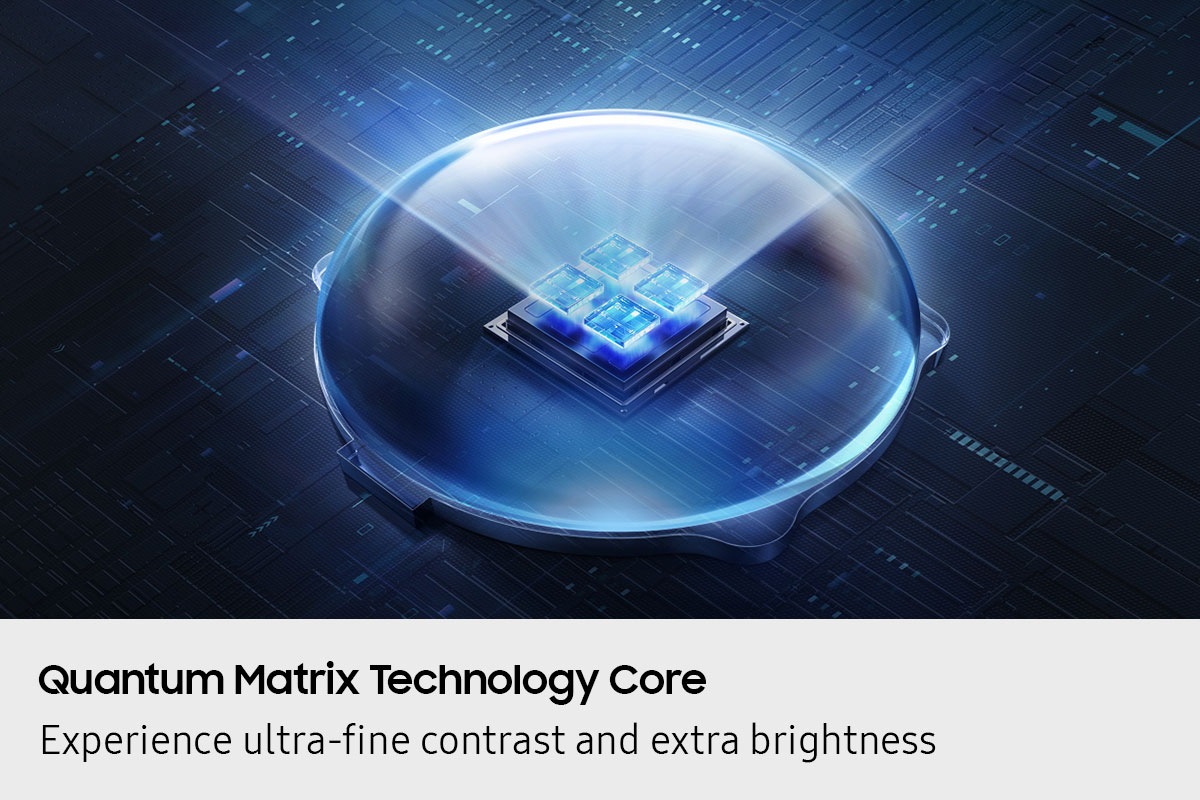 Inside a clear dome, four Mini LEDs are on display. The LEDs pop up and glow blue, emitting a beam of light that shines through the dome.