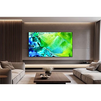 A Neo QLED TV is installed on the wall of a modern living room. The screen displays a colorful abstract landscape.