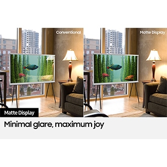 The Serif with Conventional display shows light reflections on its screen while The Serif with Matte Display does not. The UL verified Glare Free: Reflection Glare UGR<10, Discomfort Glare UGR<22, Disability Glare UGR<34 logo is also on display.