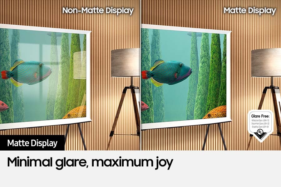 The left side of the screen with the word Samsung's 'Non-Matte Display' shows The Serif displaying an artwork full of reflections. The right side of the screen with the words 'Matte Display' shows The Serif with the same painting that has no glare. A glare-free certified logo that Reflection Glare UGR < 10 Discomfort Glare UGR < 22 Disability Glare UGR < 34 from UL verified is under right side.