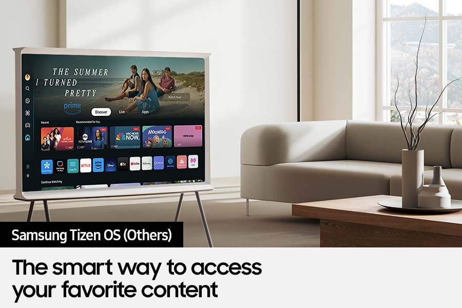 Various entertainment options are displayed on the Serif TV through Samsung Tizen OS.