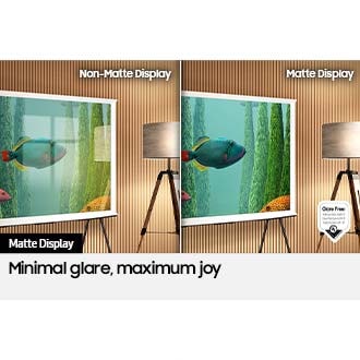 The left side of the screen with the word Samsung's 'Non-Matte Display' shows The Serif displaying an artwork full of reflections. The right side of the screen with the words 'Matte Display' shows The Serif with the same painting that has no glare. A glare-free certified logo that Reflection Glare UGR < 10 Discomfort Glare UGR < 22 Disability Glare UGR < 34 from UL verified is under right side.