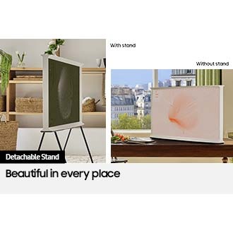 The Serif TV is shown in different positions With stand and Without stand in two different locations.