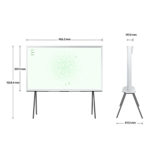 Dimension of Samsung The Serif (986.3 x 1028.4 x 417.2 mm) with Low-position simple stand.
