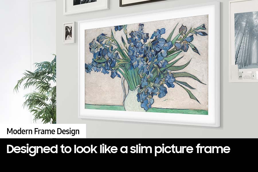 The Frame is hanging on a wall via a Slim Fit Wall Mount to look like a real picture frame.
