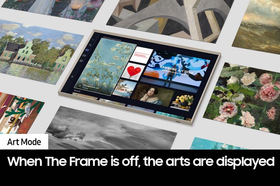 The Frame's Art Store page is displayed on the center. Surrounding it are many artworks that can be found in the Art Store.