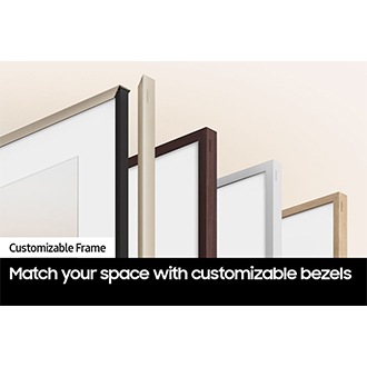 A variety of The Frame's customizable bezels are displayed.