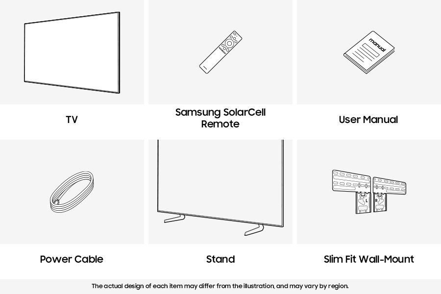 Samsung 2026 The Frame LS03HE box contains TV, Remote Control, Power Cable, User manual, Stand, and Wall-mount.