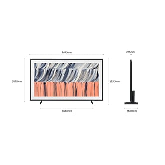 Dimension of Samsung The Frame LS03HE screen only (969.5 x 557.8 x 27.5 mm). Height with Black Round Feet Stand (593.3 mm). Dimension of Black Round Feet Stand. (683 x 184.0 mm).