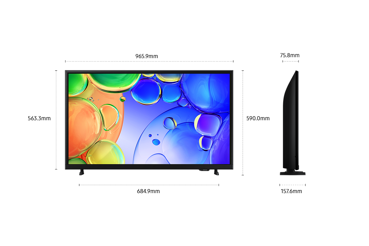 Dimension of Samsung QLED Q5F screen only (965.9 x 563.3 x 75.8 mm). Height with Black Low Feet Stand (590.0 mm). Dimension of Black Low Feet Stand. (684.9 x 157.6 mm).