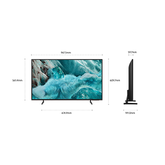 Dimension of Samsung QLED Q7F screen only (967.5 x 561.4 x 59.7 mm). Height with Black Flat Feet Narrow Stand (609.7 mm). Dimension of Black Flat Feet Narrow Stand. (674.9 x 191 mm).