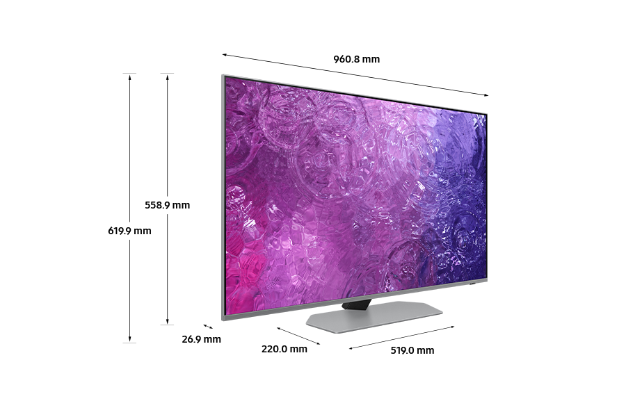 Dimension of Samsung Neo QLED TV (960.8 x 619.9 x 220.0 mm) QN90C with silver sharp neck hexagon stand.