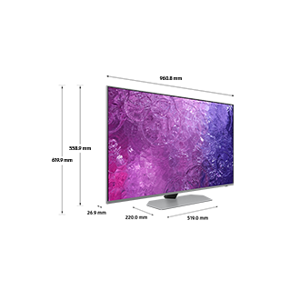 Dimension of Samsung Neo QLED TV (960.8 x 619.9 x 220.0 mm) QN90C with silver sharp neck hexagon stand.