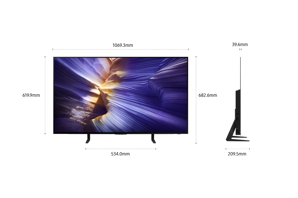 Dimension of Samsung OLED S90F screen only (1069.3 x 619.9 x 39.6 mm). Height with Graphite Black Simple Blade Wide Stand (682.6 mm). Dimension of Graphite Black Simple Blade Wide Stand. (534.0 x 209.5 mm).