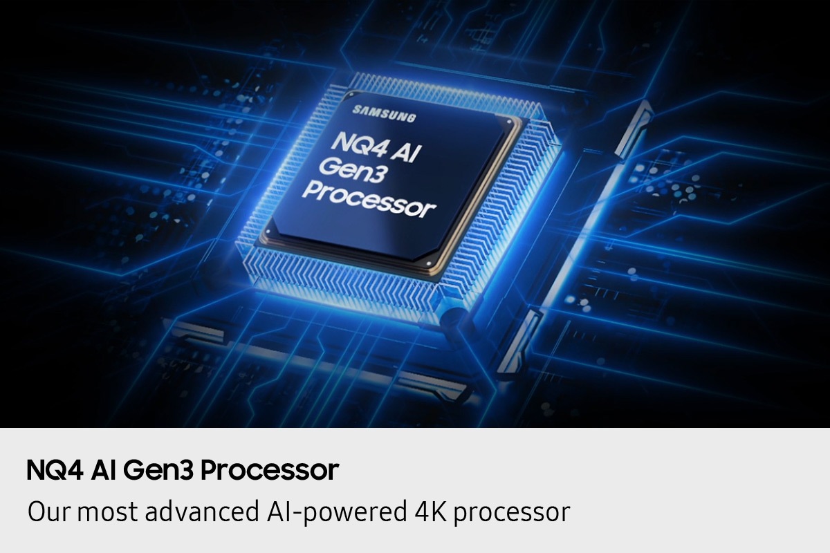 Samsung NQ4 AI Gen3 Processor chip descends on the TV's main board and lights up with waves of power surging from the chip to the rest of the TV.