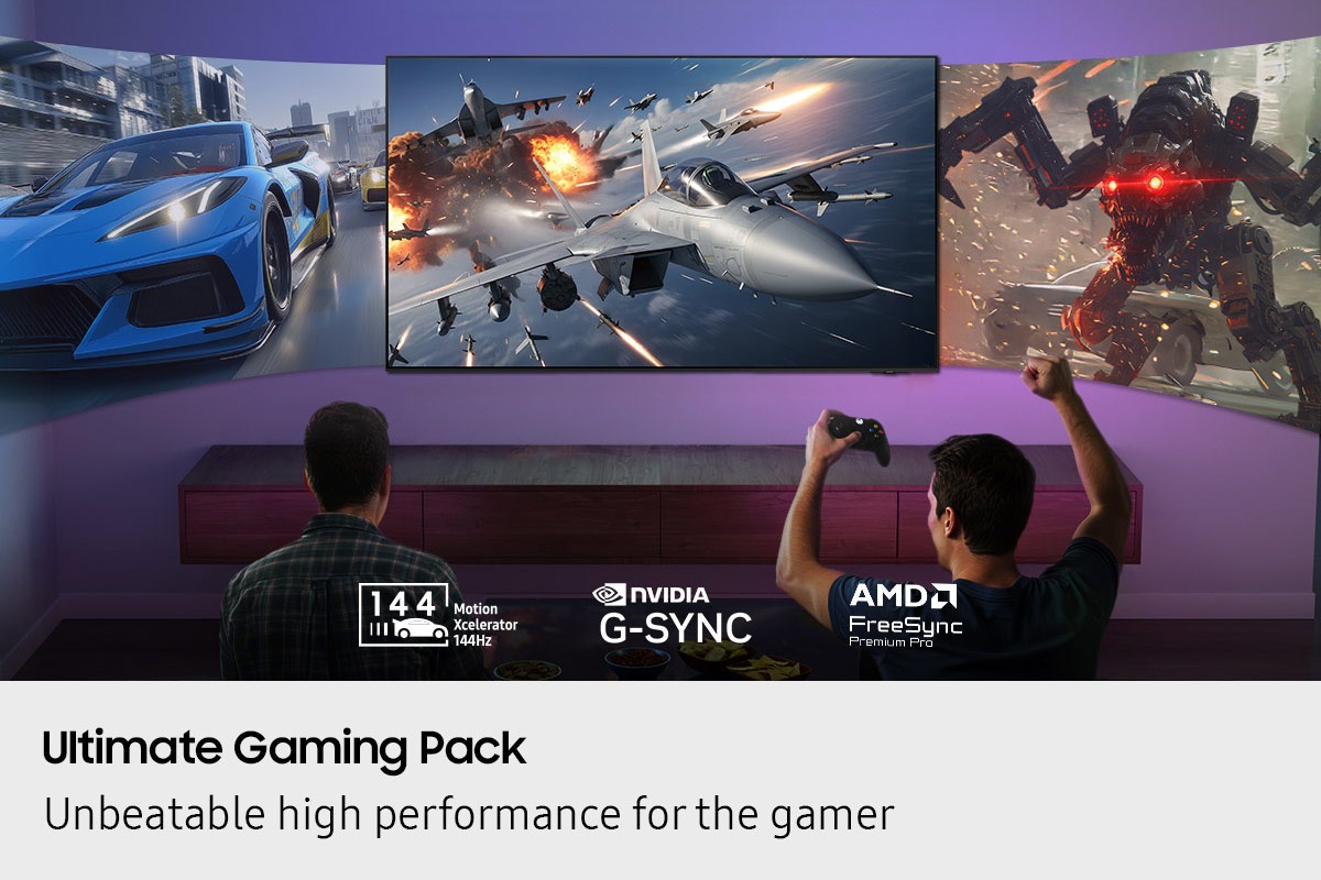 Two men gaming in living room. 3 large screens display different games Motion Xcelerator 144Hz, Nvidia G-Sync and AMD FreeSync Premium Pro logos.