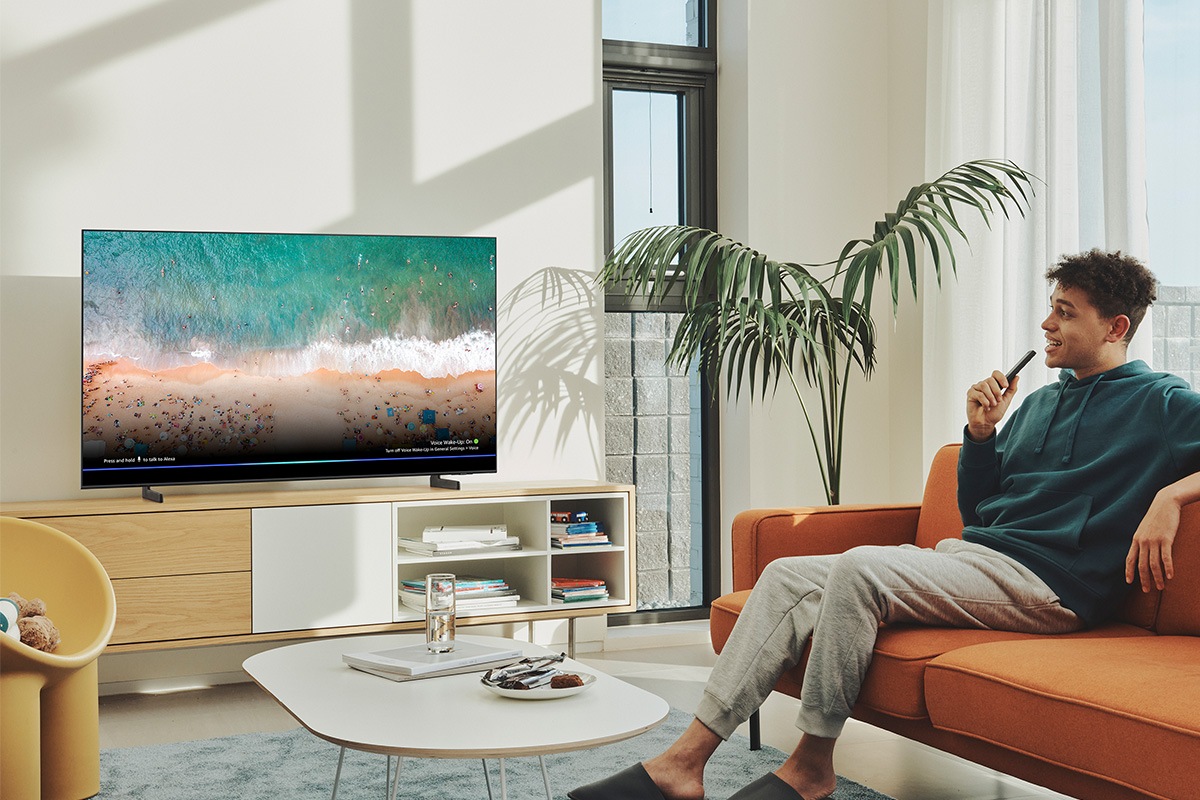 Samsung QLED Q60B with Voice assistant is displaying picture in the living room