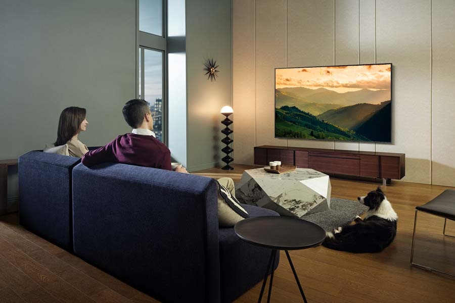 2 people and a dog is watching a movie on the QLED TV.