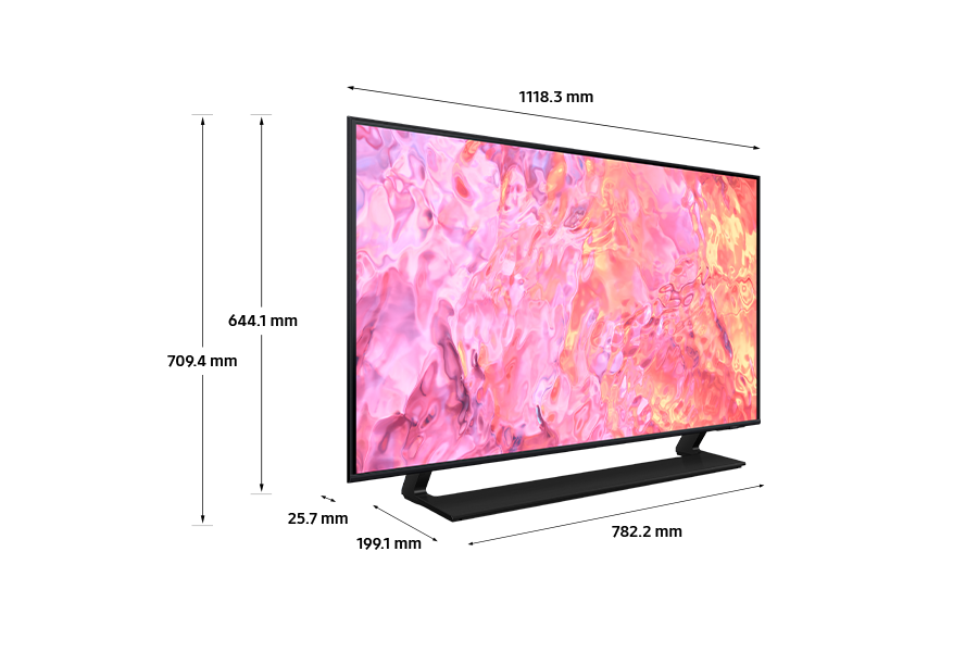 Dimension of Samsung QLED TV (1118.3 x 709.4 x 199.1 mm) Q61C with black branch stand