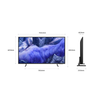 Dimension of Samsung QLED Q7F4 screen only (1120.3 x 647 x 60 mm). Height with TitanGray Flat Feet Narrow Stand (694 mm). Dimension of TitanGray Flat Feet Narrow Stand. (750.6 x 237 mm).