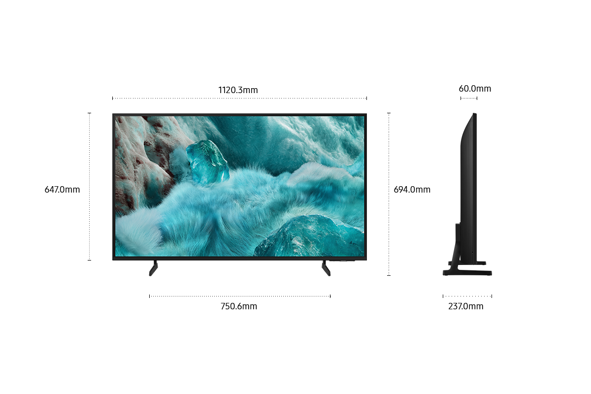 Dimension of Samsung QLED Q7F screen only (1120.3 x 647 x 60 mm). Height with Black Flat Feet Narrow Stand (694 mm). Dimension of Black Flat Feet Narrow Stand. (750.6 x 237 mm).