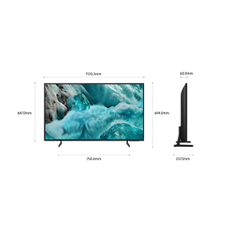 Dimension of Samsung QLED Q7F screen only (1120.3 x 647 x 60 mm). Height with Black Flat Feet Narrow Stand (694 mm). Dimension of Black Flat Feet Narrow Stand. (750.6 x 237 mm).