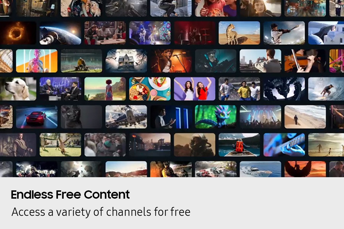 Array of screens showing various content. Aerial shot reveals more screens and vast amount of content available. Endless Free Content. Other screens appear. Experience, smart, beyond. Screens move to the side as if scrolled through. TV show, sports, movie, drama, music. Upscale Your Entertainment.