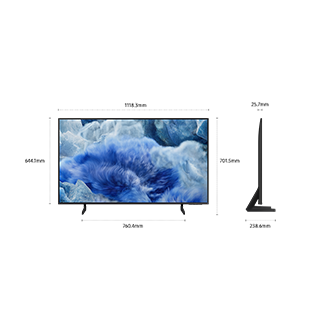 Dimension of Samsung QLED Q8F screen only (1118.3 x 644.1 x 25.7 mm). Height with Black Aero Linear Stand (701.5 mm). Dimension of  Black Aero Linear Stand (760.4 x 238.6 mm).