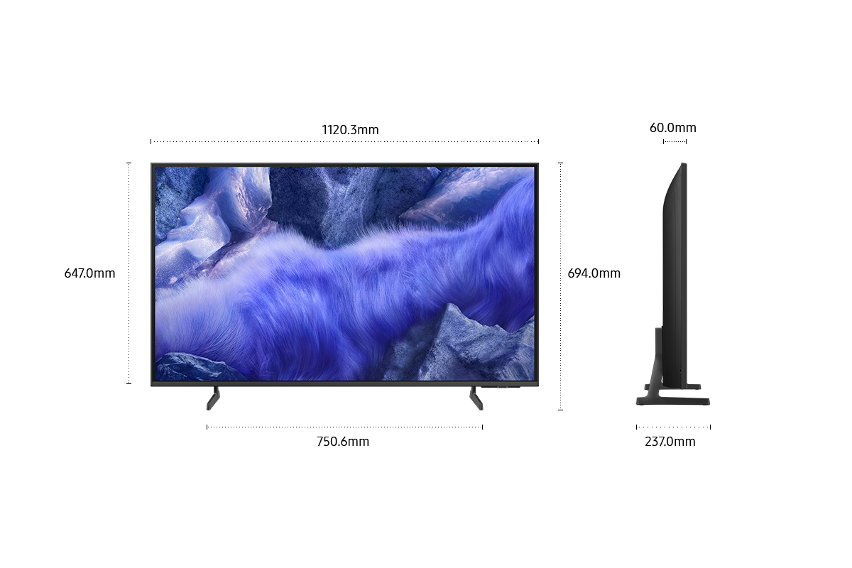 Dimension of Samsung QLED QEF1 screen only (1120.3 x 647 x 60 mm). Height with TitanGray Flat Feet Narrow Stand (694 mm). Dimension of TitanGray Flat Feet Narrow Stand. (750.6 x 237 mm).