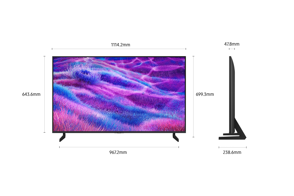 Dimension of Samsung Neo QLED QN80F screen only (1114.2 x 643.6 x 47.8 mm). Height with Black Aero Linear Stand (699.3 mm). Dimension of Black Aero Linear Stand. (967.2 x 238.6 mm).
