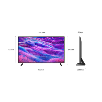 Dimension of Samsung Neo QLED QN80F screen only (1114.2 x 643.6 x 47.8 mm). Height with Black Aero Linear Stand (699.3 mm). Dimension of Black Aero Linear Stand. (967.2 x 238.6 mm).