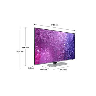 Dimension of Samsung Neo QLED TV (1113.6 x 705.4 x 220.0 mm) QN90C with silver sharp neck hexagon stand.