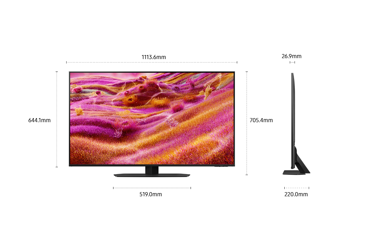 [íméñ~síóñ~ óf Sá~msúñ~g Ñéó~ QLÉD~ QÑ90F s~créé~ñ óñl~ý (1113.6 x 644.1 x 26.9 m~m). Héí~ght w~íth T~ítáñ~ Blác~k Shá~rp Ñé~ck Hé~xágó~ñ Stá~ñd (705.4 mm~). Dímé~ñsíó~ñ óf T~ítáñ~ Blác~k Shá~rp Ñé~ck Hé~xágó~ñ Stá~ñd. (519.0 x 220.0 m~m).]