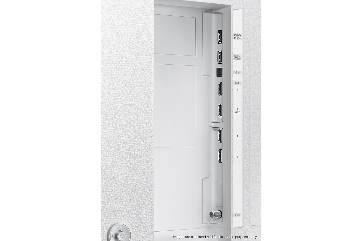 Samsung 2024 The Serif QA55LS01DAGXXP  has USB, HDMI, antenna ports and etc. on the side. 