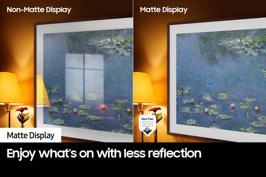 The left side of the screen with the word 'Non-Matte Display' shows The Frame displaying an artwork full of reflections. The right side of the screen with the words 'Matte Display' shows The Frame with the same painting that has no glare. A glare-free certified logo is on the lower left side.