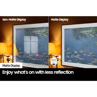 The left side of the screen with the word 'Non-Matte Display' shows The Frame displaying an artwork full of reflections. The right side of the screen with the words 'Matte Display' shows The Frame with the same painting that has no glare. A glare-free certified logo is on the lower left side.