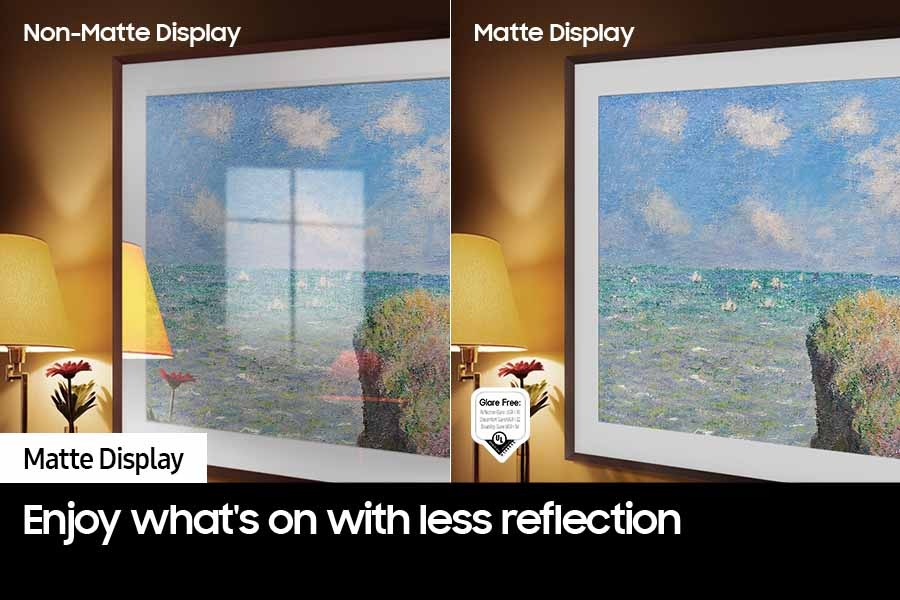 The left side of the screen with the word 'Non-Matte Display' shows The Frame displaying an artwork full of reflections. The right side of the screen with the words 'Matte Display' shows The Frame with the same painting that has no glare. A glare-free certified logo that Reflection Glare UGR < 10 Discomfort Glare UGR < 22 Disability Glare UGR < 34 is on the lower left side.