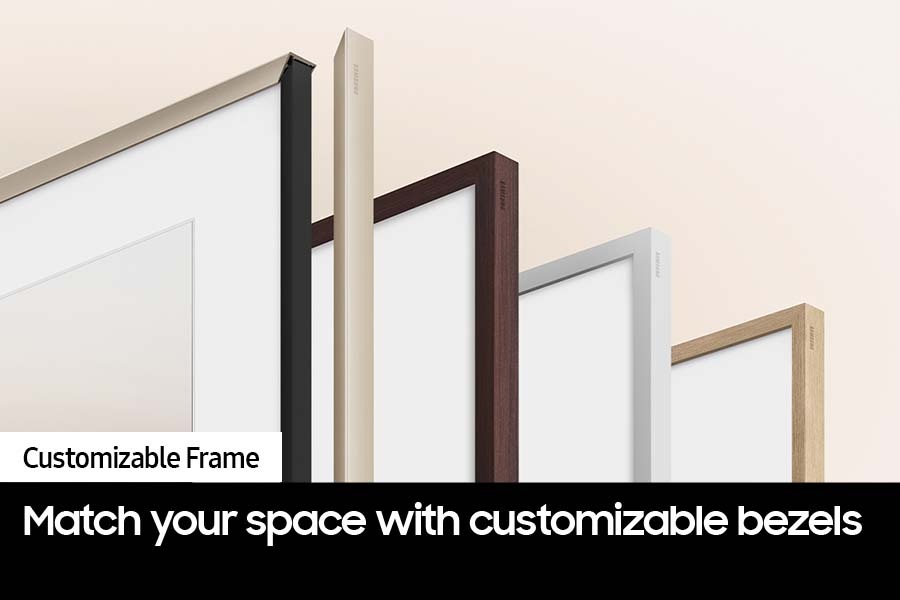 A variety of The Frame's customizable bezels in different colors are displayed.