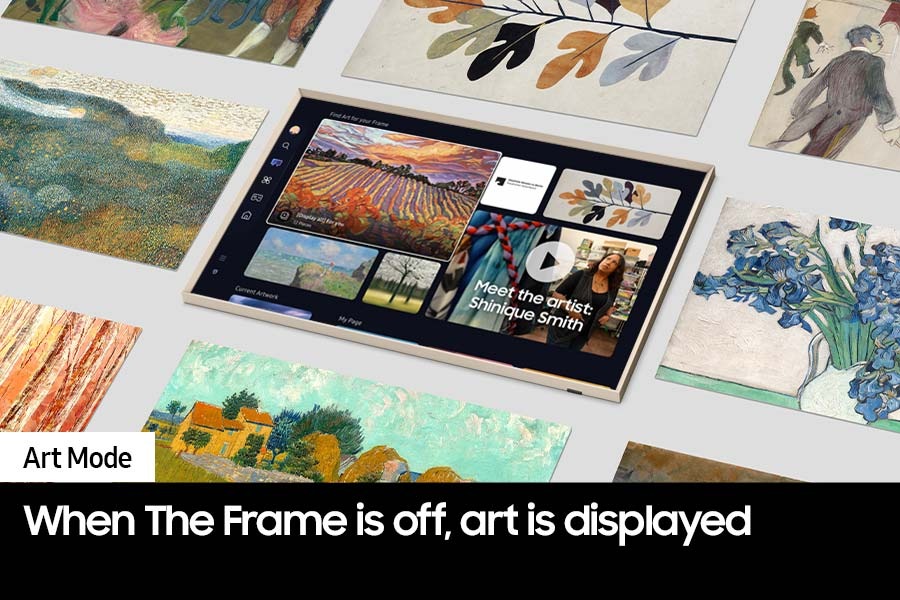 The Art Store page for The Frame is displayed in the center. It is surrounded by various art pieces from the Art Store.