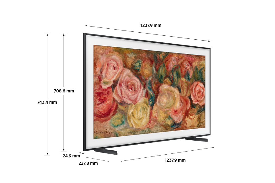 Dimension of Samsung The Frame (1456.8 x 831.9 x 24.9 mm) with Low-position simple stand.