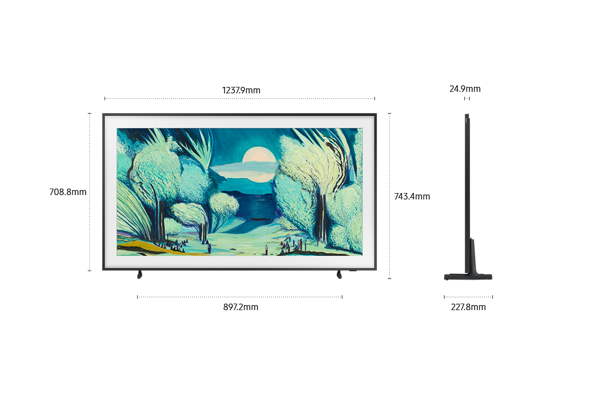 Dimension of Samsung The Frame LS03F screen only (1237.9 x 708.8 x 24.9 mm). Height with Simple Black Stand (743.4 mm). Dimension of Simple Black Stand. (897.2 x 227.8 mm).