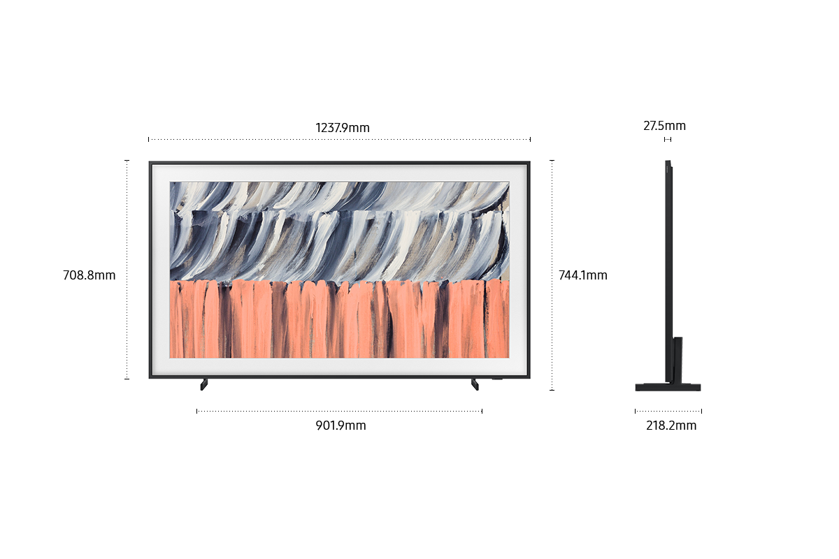 Dimension of Samsung The Frame LS03HE screen only (1237.9 x 708.8 x 27.5 mm). Height with Black Round Feet Stand (744.1 mm). Dimension of Black Round Feet Stand. (901.9 x 218.2 mm).